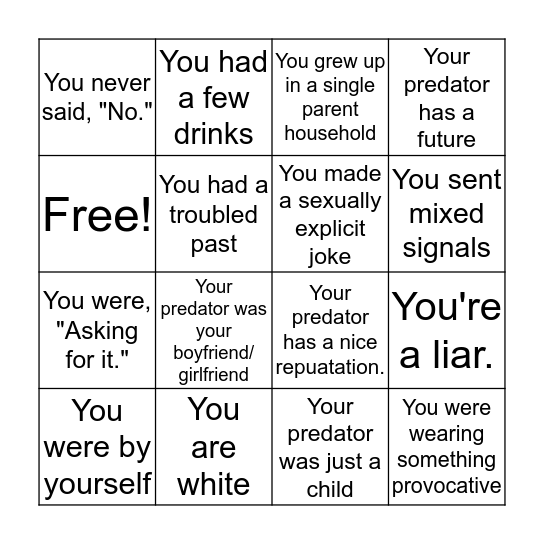 Sexual Assault Bingo Card
