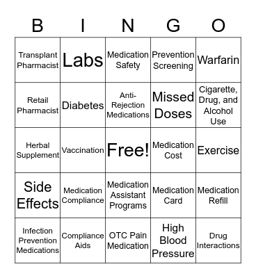 Transplant Support Group BINGO Card