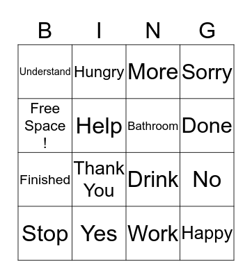 American Sign Language Bingo Card