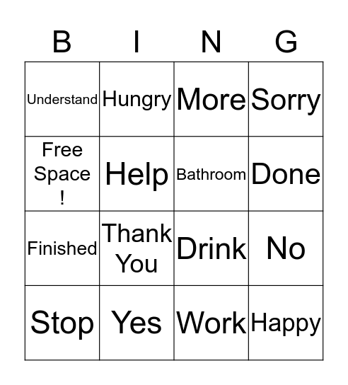 American Sign Language Bingo Card