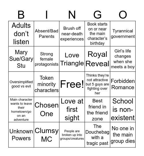 YA Book Trope Bingo Card