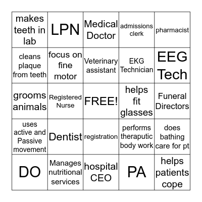 Health Careers Bingo Card