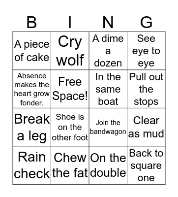 Idioms Bingo Card