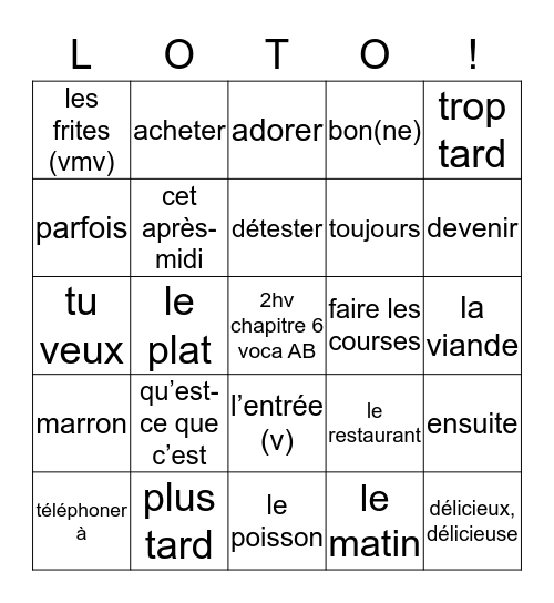 2hv chapitre 6 voca AB  Bingo Card