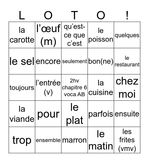 2hv chapitre 6 voca AB  Bingo Card