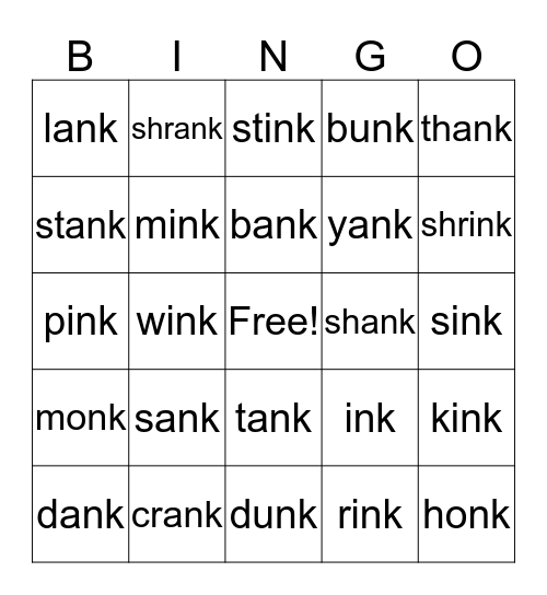 Words Ending In Nk Bingo Card