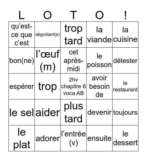 2hv chapitre 6 voca AB  Bingo Card