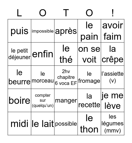 2hv chapitre 6 voca EF Bingo Card