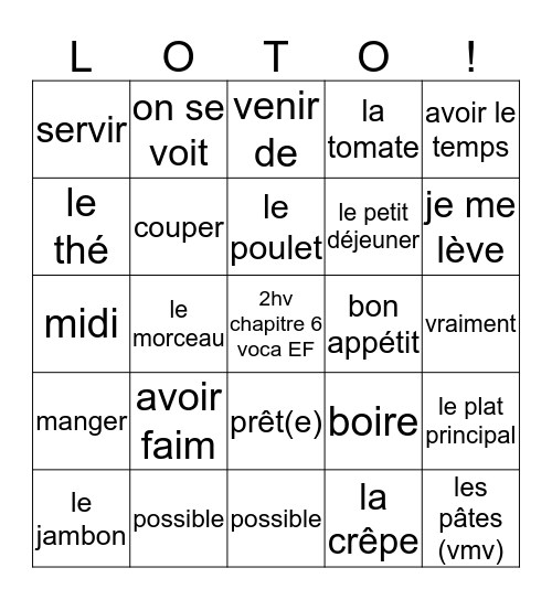 2hv chapitre 6 voca EF Bingo Card