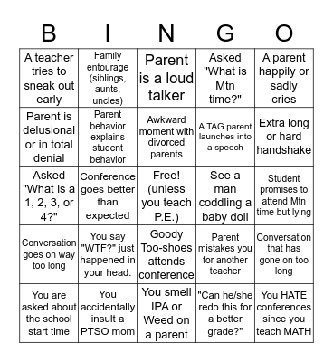 CMS Student-led Conferences Bingo Card