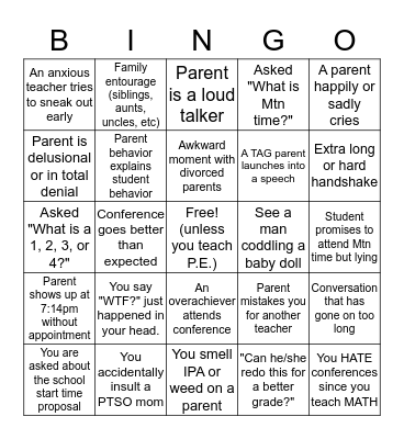 CMS Student-led Conferences Bingo Card