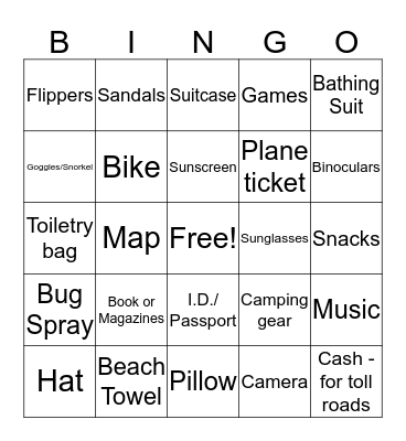 Travel Bingo  Bingo Card