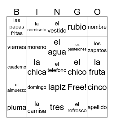 Spanish 1  Bingo Card