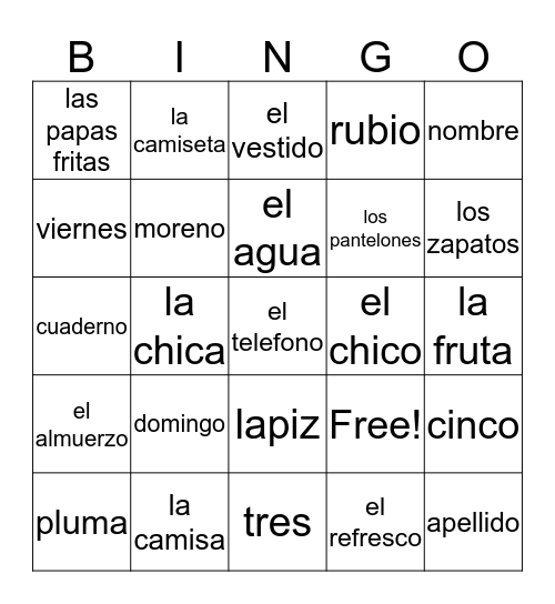 Spanish 1  Bingo Card