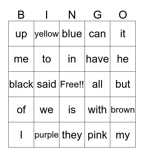 Sight Words Bingo Card