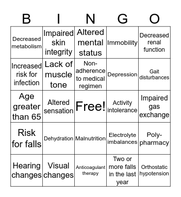 GERI: Risk for injury Bingo Card