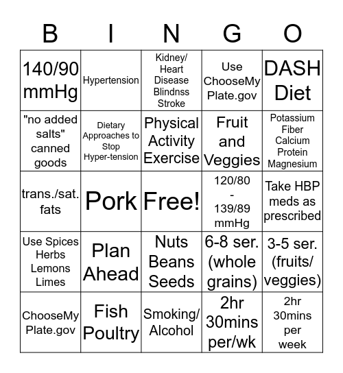 DASH Diet Bingo Card