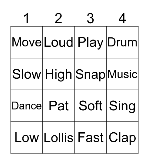Primary Music Bingo Card