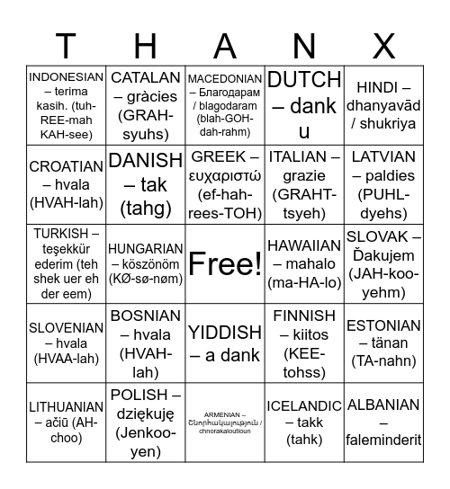 THANX Bingo Card