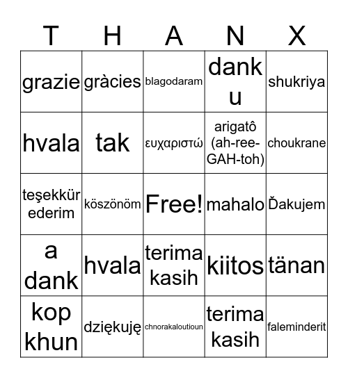 THANX Bingo Card