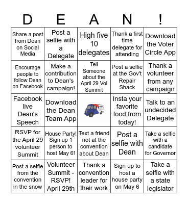 #DeanTeam Volunteer Bingo Card