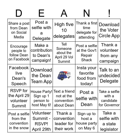 #DeanTeam Volunteer Bingo Card