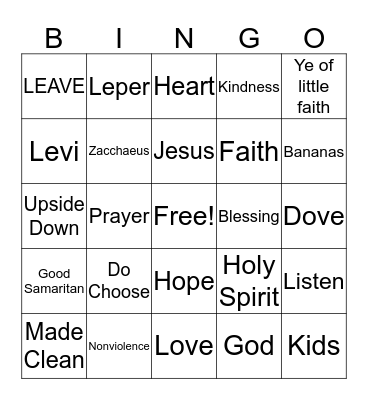 Sunday School BINGO Card