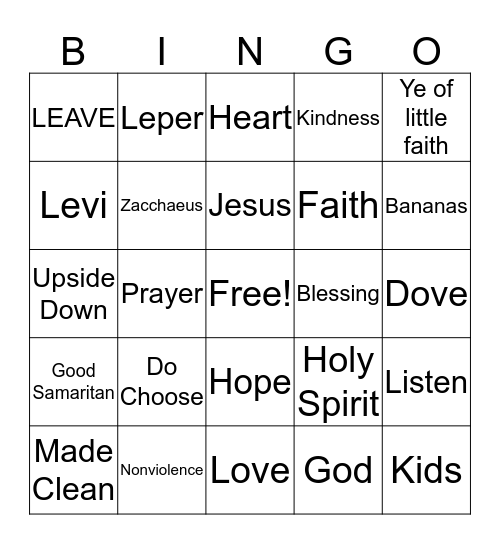 Sunday School BINGO Card