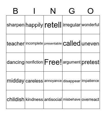 Prefix and Suffix Bingo Card