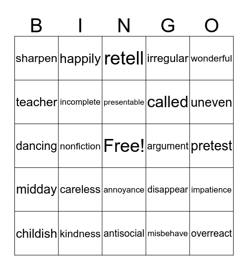 Prefix and Suffix Bingo Card