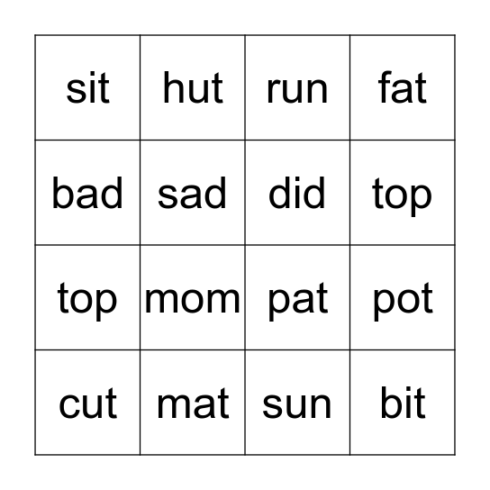 CVC Words Bingo Card