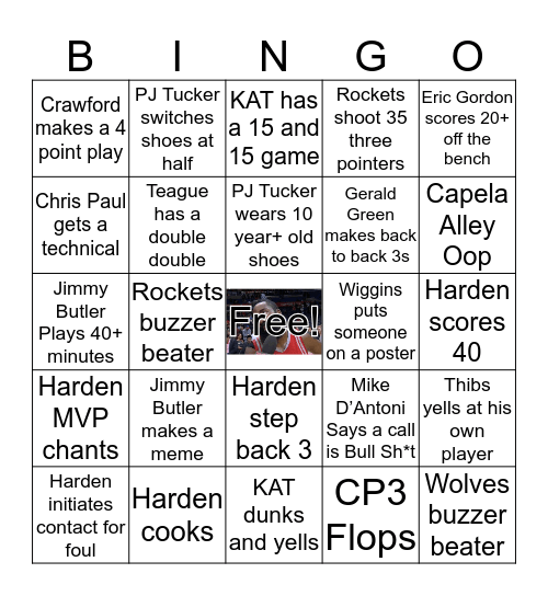 NBA ROCKETS VS TIMBERWOLVES  Bingo Card