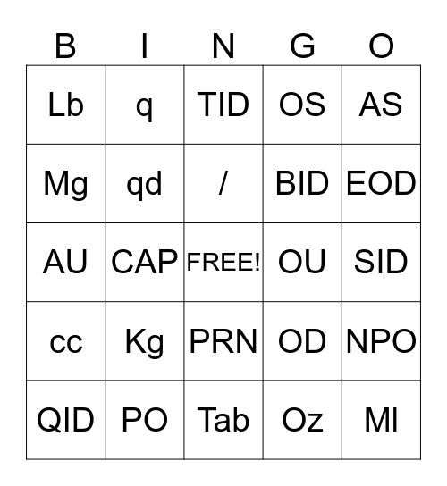 Veterinary Terminology Bingo Card