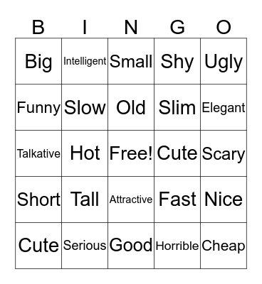 Adjectives Bingo Card