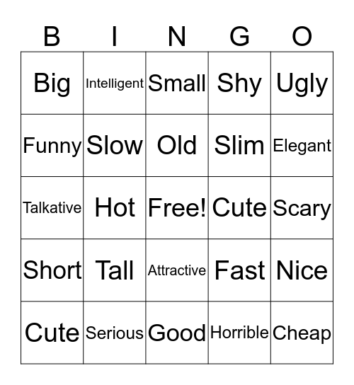 Adjectives Bingo Card