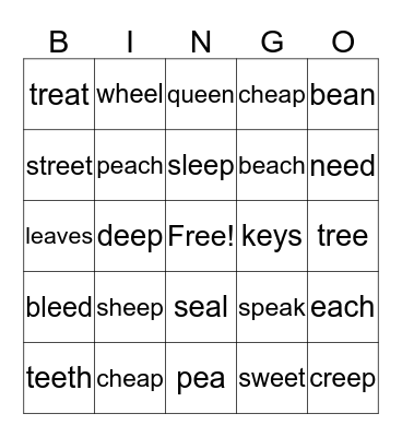 Long Vowel E Bingo Card