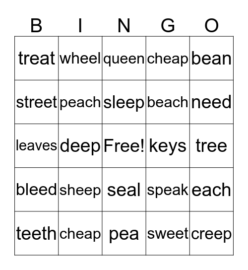 Long Vowel E Bingo Card