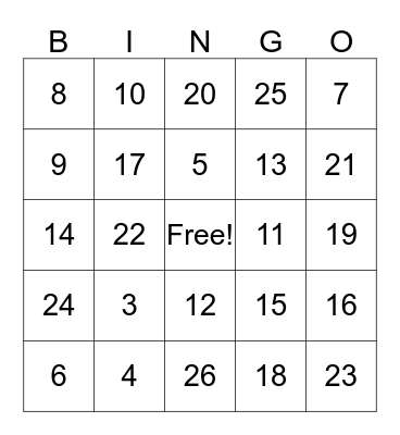Number Identification Bingo Card