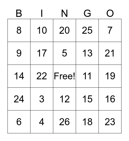 Number Identification Bingo Card