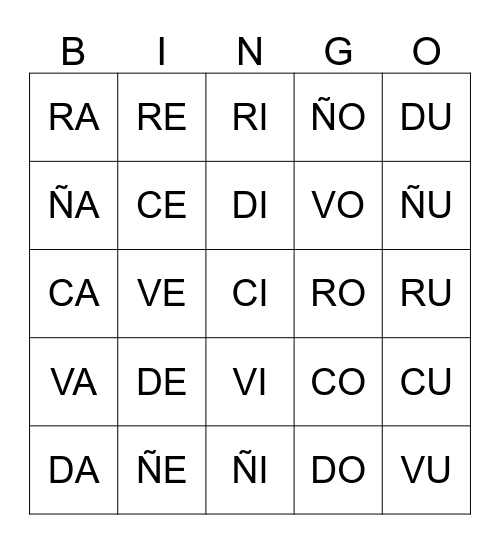Bingo De Silabas  Bingo Card