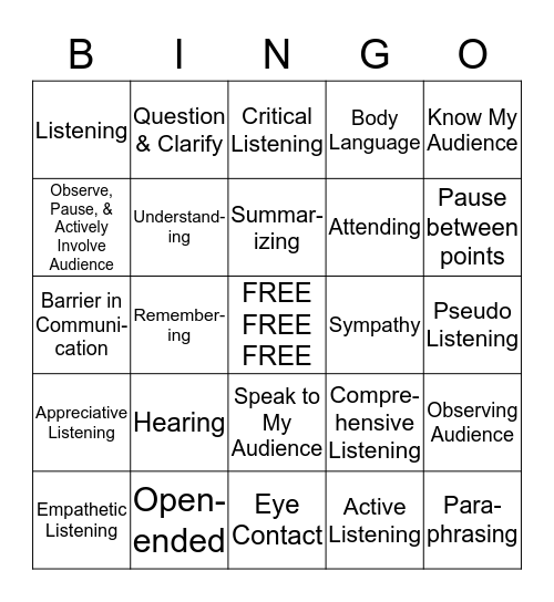 Effective Listening Bingo Card