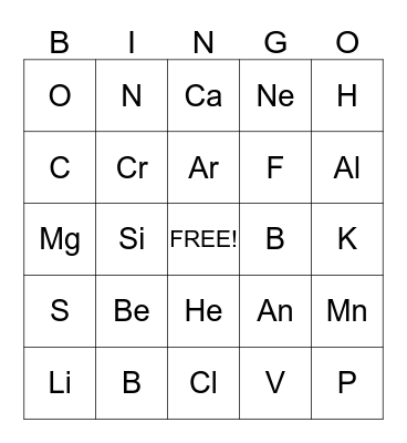 Periodic Table Bingo Card