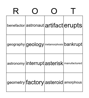 Roots Unit 5 Bingo Card