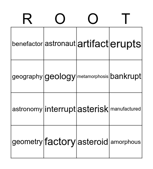 Roots Unit 5 Bingo Card