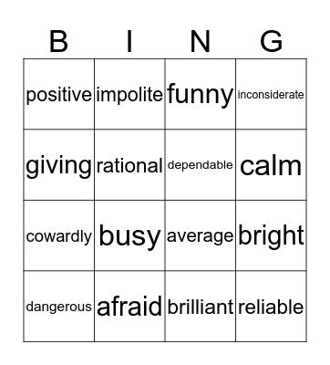 Character Traits Bingo Card