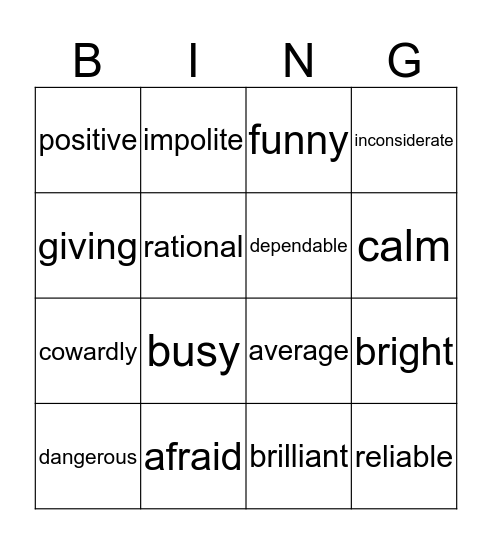 Character Traits Bingo Card