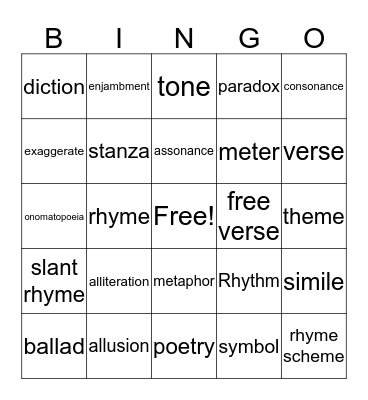 Poetry Terms Bingo Card