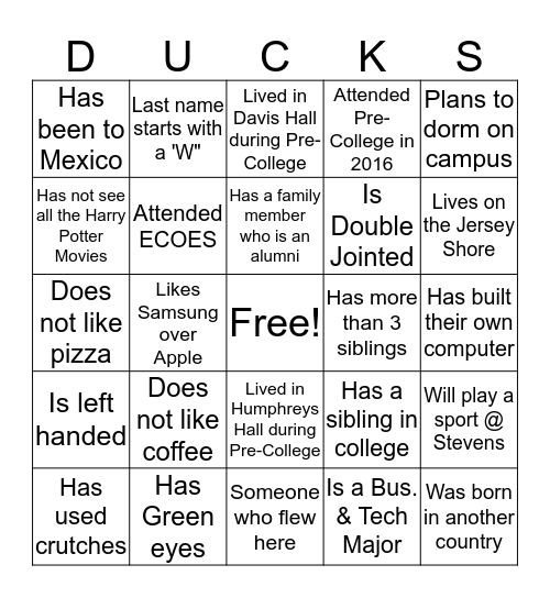 Pre-College Reunion Bingo Card