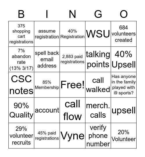 i9 Sports Party Bingo Card