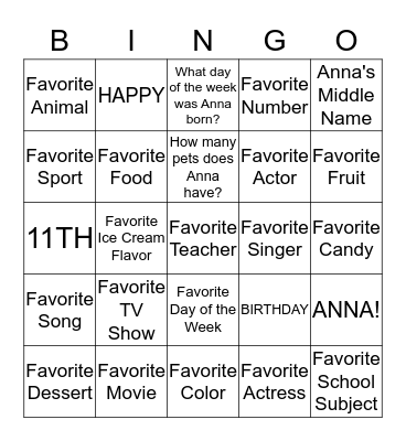 ALL ABOUT ANNA! Bingo Card